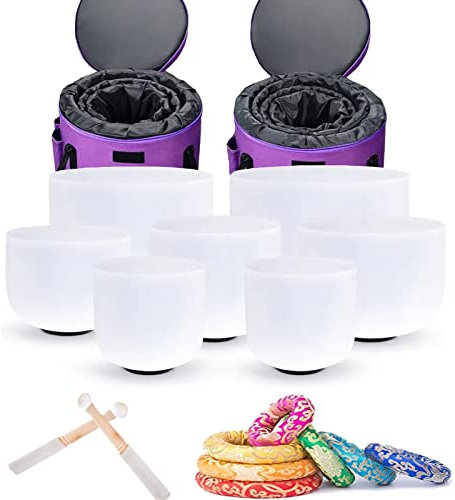 GIUIOY 432 hz Crystal Singing Bowls Chakra Set of 7 Frosted Quartz Crystal Singing Bowls With 2 Pcs Carrying Case bag, For Sound Healing (Size : 440 HZ 8-14 INCH)