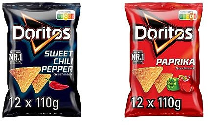 Doritos Sweet Chili Pepper - Tortilla Nachos mit süßem Chili-Geschmack & Paprika -Tortilla Nachos mit Paprika Geschmack - Herzhafter Snack zum Knabbern aus Mais (12 x 110g)