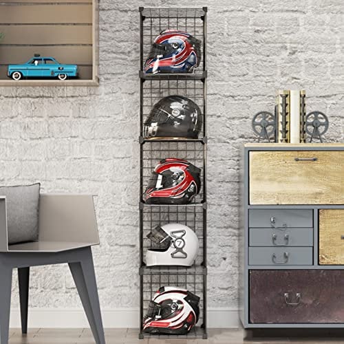 Motorcycle Helmet Rack Stand - Floor-Standing Metal Bike Helmet Holder with Shoe Bag Shelf - Grids Storage Bins for Closet Cabinet - Modular Bookshelf & Hat Display Case