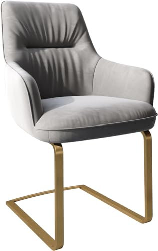 DELIFE Schwingstuhl Zelia-Flex mit Armlehnen Freischwinger flach Gold Samt Grau Taschenfederkern