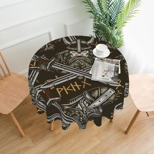 Runde Tischdecke 60 Zoll, waschbare mittelalterliche nordische Wikinger-Krieger-Tischdecke für drinnen und draußen, wasserdichte, auslaufsichere Tischdecke, Dekoration für Zuhause, Küche, Esszimmer, P