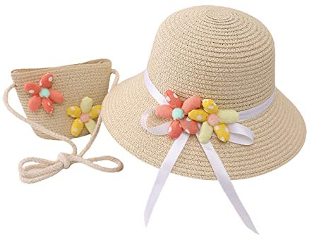 Matschhose 116/122 Sommer-Strohhut-Taschen-Set, gewebte, breite Krempe, Sonnenhut, Strandhüte mit Umhängetasche, Outdoor-Outfit-Set für Mädchen und Kinder Sommer Mützen (Beige, One Size)