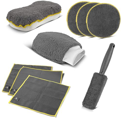 STAHLWERK Autoreinigungs-Set 9-teiliges Autopflege-Set | Aufbereitungs-Set, Autowasch-Set mit Mikrofasertüchern, Felgenbürste, Waschhandschuh und Schwamm