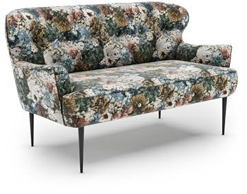 CAVADORE 2-Sitzer Küchensofa Amba, Trendige Sitzbank für Küche oder Esszimmer / 153 x 97 x 87 / Jacquard Flachgewebe: Blumenmuster Blau