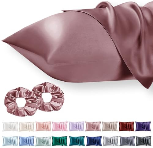Vielit Lot de 2 Taies Oreiller Satin 50x75cm pour Les Cheveux et La Peau, Plus Douces Que Les Taies d Oreiller en Soie, Rose Poudré Enveloppe et 2 chouchous