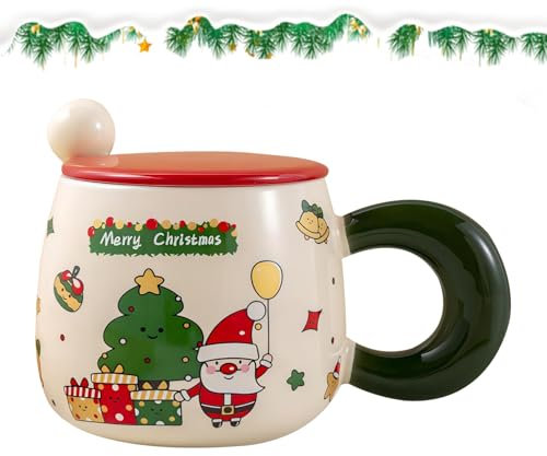 Vidillo Tazas de café de cerámica de Navidad 500ml Xmas Taza de cerámica de regalo con tapa Durable Taza de té Taza de leche Taza de café para las mujeres Esposa Mamá Su abuela Chica Maestra (Verde)