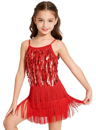 LOLANTA Mädchen Pailletten Fransen Tanzkostüm, Kinder Salsa Rumba Latein Tanzkleidung Set, Glitzerndes ärmelloses Quasten Tanz Mini Kleid mit Shorts