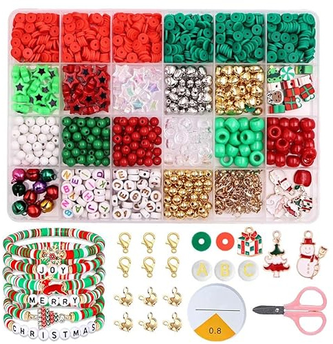 QXNDXQ Weihnachtsperlen für die Schmuckherstellung, Weihnachten Perlen für Armbänder, Weihnachten Perlenset, Weihnachtsbaum Elch Hänger, Weihnachtsgeschenke Basteln Perlen für Mädchen 5 6 7 8 9 Jahre