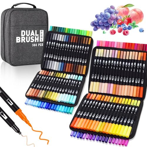 Vakki Dual Brush Pen Set, 144 Farben Filzstifte Filzstifte Dicke Und DüNne Mit Schwarzer Tragetasche, Stifte Set FüR Bullet Journal, Mandala, Manga, MalbüCher, Handlettering FüR Kinder Und Erwachsene