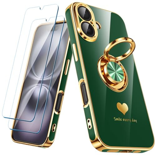 Nonional Compatible for iPhone 16 Case with 2 Pack Screen Protector, 360° Rotatable Ring Holder [Luxury Hearts Pattern] Plating Gold Edge Slim Soft Phone Cover Case for iPhone 16 - Green