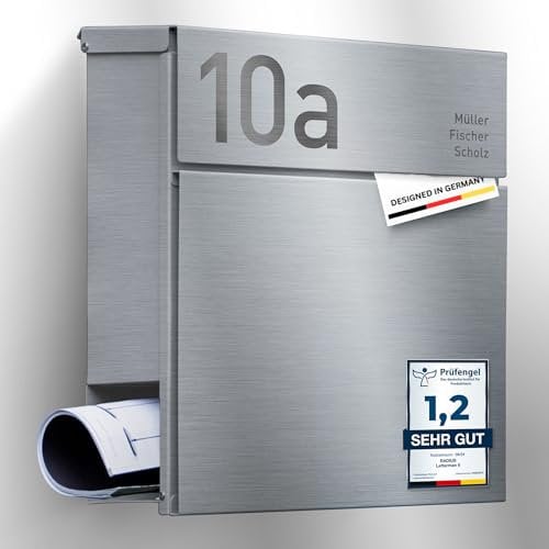 Radius Designer Briefkasten personalisiert – Letterman 6 mit Lasergravur – Edelstahl V2A Wandbriefkasten mit Zeitungsfach - 10 Jahre Funktions- & Korrosionsgarantie - inkl. Montageset