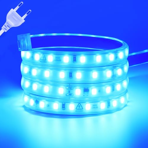 Wisada Anschluss an AC220-240V LED Streifen, 20M 120LEDs/m SMD2835 Flexible Superhell Blau CRI≥90 LED Lichtband, LED Band Lichtschlauch Leiste Kette Selbstklebend mit Stecker für Weihnachten