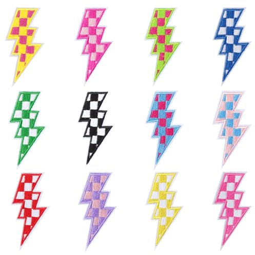 12 Pcs Lightning Bolt Iron on Patch,Lightning Bolt Patch Checkered Sew on/Iron on Patches for Hats Clothes Trucker Jacket Denim Jeans Shirt Decoration (Colorful)