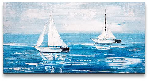Paul Sinus Tableau mural - 120 x 60 cm - Élégant voilier - Harmonie maritime - Voile en bleu - Tableau mural sur toile et cadre en bois