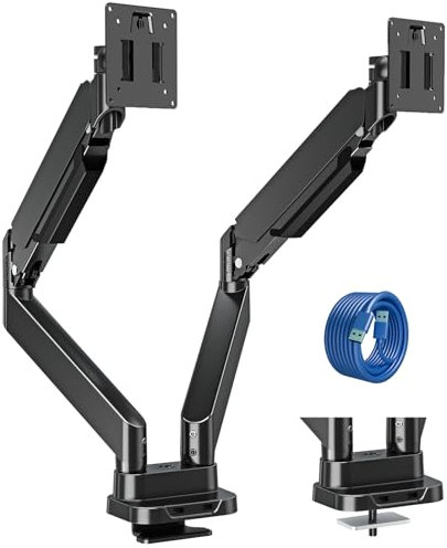 ErgoFocus Dual Monitor Mount Fits Max 39 Computer Screen, Hold 4.4-33 lbs Each Ultrawide Desk Mount, Adjustable Gas Spring Double Monitor Arm, Monitor Stand for 2 Monitors with USB, VESA