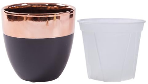 Jinfa 1 macetero de cerámica Negro y Oro Rosa + 1 Maceta Interior Transparente de plástico con Agujeros de Drenaje