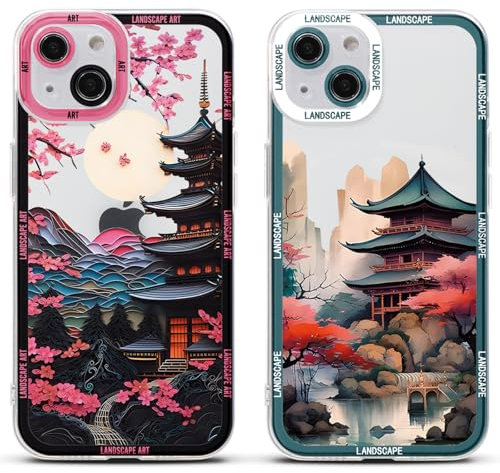 2 Stück Handyhülle für Apple iPhone 15 Hülle 6.1, Anime Ästhetik Berg Fluss Art Manga Blumen Muster Design mit TPU Weich Ultra Dünn Schutzhülle Stoßfest Silikon Case,Ästhetik