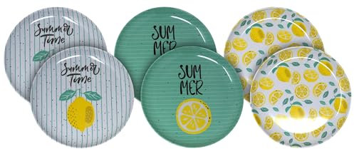 Blue Whale Gifts Reusable Melamine Plastic Summer Side Plates with Lemon Design - Set of 6