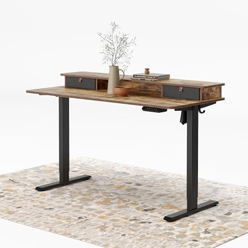 FEZIBO Höhenverstellbarer Elektrischer Stehtisch mit KOMPLETTER TISCHPLATTE, 140 x 60 cm Sitz-Steh-Schreibtisch mit Doppelschubladen, Schwarzer Rahmen/Rustikal Braun Oberfläche