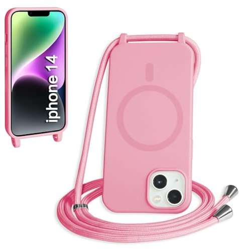 FMPCUON Magnética Funda con Cuerda para iPhone 14 Compatible con Magsafe,TPU Antigolpes Protectora Silicona Case Carcasa con Ajustable Cordon Colgante Cadena,Pink