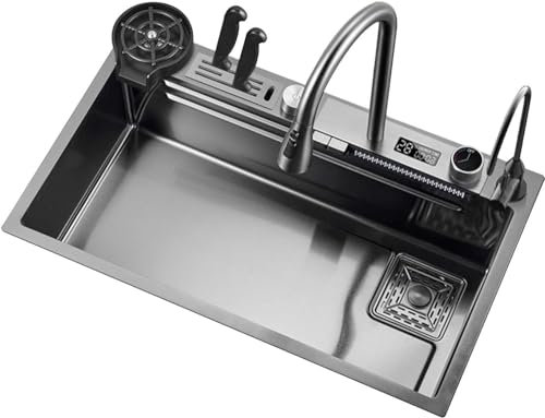 HPTHLY Home Kitchen Sink With Knife Holder Digital Display Waterfall Sink Large Bar Sink 18 Gauge Stainless Steel Sink Household Vegetable Sink Color : Black 75 * 46,Black(r)-80 * 46 * 20cm