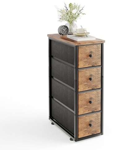 MUTUN Narrow 4 Drawers Chest Dresser, Bedroom Fabric Storage Drawer with Wood Top, Tall and Slim Cupboard Nightstand End Table Organizer Unit for Bathroom, Hallway, Living Room, Closet, Office Brown