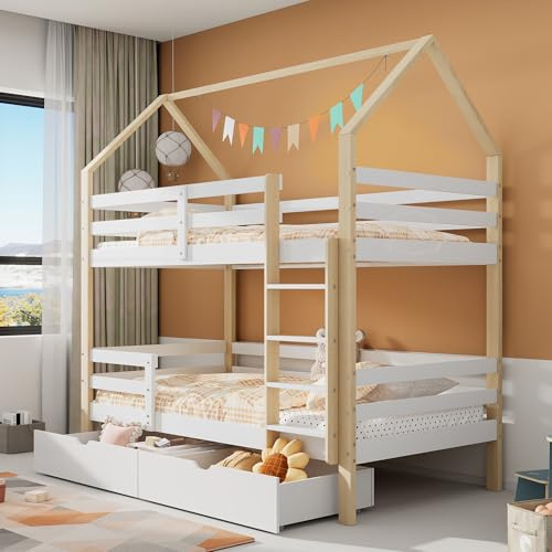Aunvla Ins und aus dem Bett kommen, Doppelbett, Kinderbett in Hausform, große Schubladen, Kiefernholz Haus Bett for Kids, 90 x 200 cm, ohne Matratze, weiß+Holzfarbe