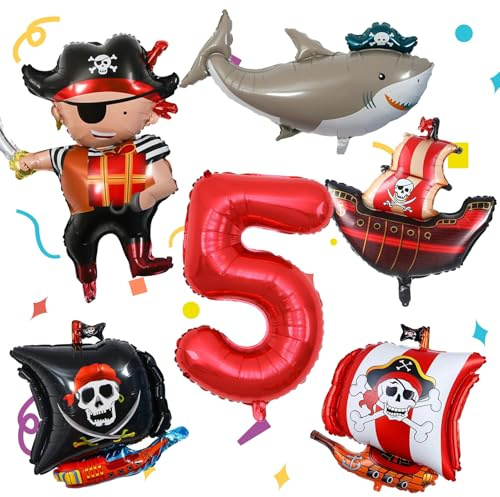 6 Stück Piraten Luftballons 5 Jahre, Pirate 5. Geburtstag Deko | Piratenschiff Luftballon Hai, Ballons Piratenparty, Piratenschiff Deko, Geburtstagsdeko 5 Jahre Junge