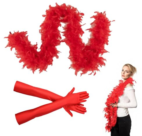 EUYKQNOI 1 PCS Rot Federschal mit 1 Paar Rotn 53 cm langen Spandex-Handschuhen, federboa，geeignet für Halloween, Weihnachten, Karneval,Kostüme, Partys, Frauen und Mädchen