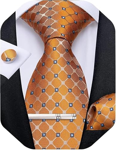 DiBanGu Herren Krawatte Set Seide Gestreift Karierte Krawatte mit Einstecktuch Manschettenknöpfe Krawattenklammer Set für Hochzeit Formell