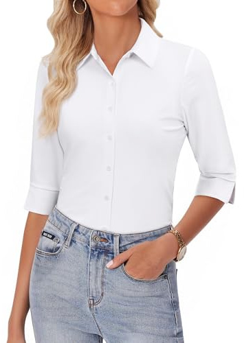 siliteelon White Button Down Shirts for Women 3/4 Sleeve Wrinkle Free Stretch Collared Dress Shirt Business Casual Office Work Blouse