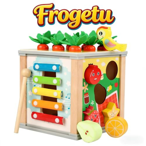Frogetu Montessori Spielzeug ab 3 Jahren, 6-in-1 Tücherbox Holzspielzeug mit Motorikwürfel, Xylophon, Formensortierer & Zahnrädern – Baby Lernspielzeug & Motorikspielzeug für Kinder ab 3 Jahren