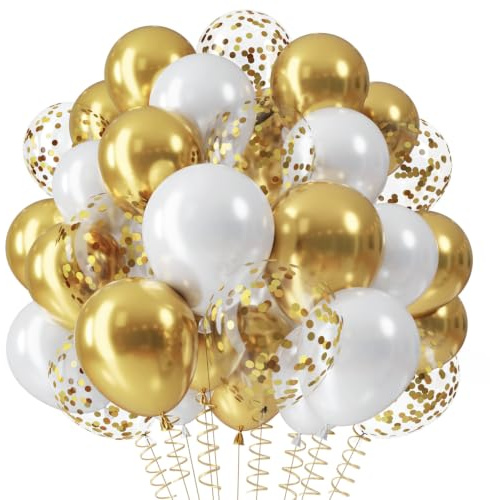 QIFU Luftballons Weiß Gold, 12 Zoll Weiß Ballons Geburtstag Luftballons Gold Konfetti für Graduierung Jungen Mädchen Party Deko EID Mubarak Ramadan Baby Shower Dekoration Luftballon Hochzeit New Year