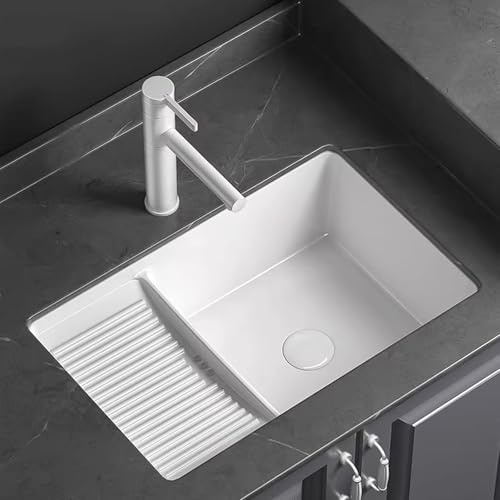 Unterbau Waschbecken mit Waschbrett, Keramik Waschbecken Bad, mit Ausziehbarer Armatur und Ablaufgarnitur, für Waschküchen, Balkone und Badezimmer(53.5x36cm/21x14.1in)