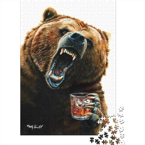 Grizzly Nights, Angry Bear with Whiskey Adult Puzzle 1000 Pieces, Animal Lover Jigsaw Puzzle, Weekend Leisure Gift, 38x26cm/1000pcs
