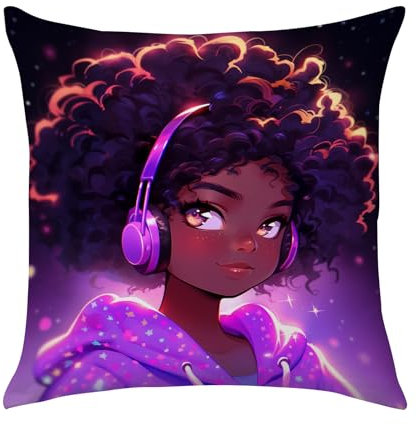 SARA NELL Dekokissenbezüge für Mädchen, afrikanisches Mädchen, Liebesmusik, schwarzes Mädchen, Anime-Stil, 45,7 x 45,7 cm, mit Reißverschluss