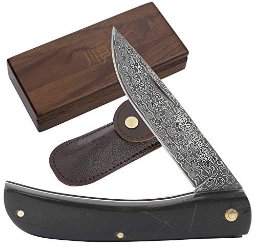 YOUSUNLONG Couteau Pliant de Poche 190 mm - Couteau de Tous Les Jours - Couteau à Une Main avec étui en Cuir et boîte à Couteaux en Bois - Manche en Corne de Buffle