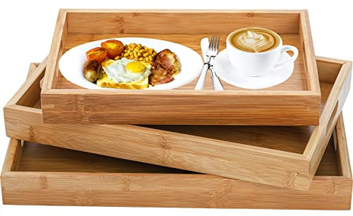 Jucoan 3 Pack Bamboo Butler Serving Tray with Handles, Rectangle Wooden Ottoman Tray, Breakfast Dinner Snack Food Trays for Kitchen Coffee Table Parties Restaurants