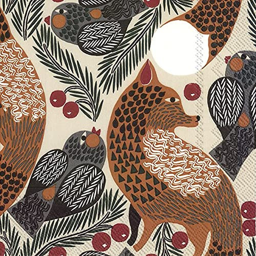 Marimekko Ketunmarja, Linen Foxes and Birds – IHR Lunch-Servietten, 20 Stück, 3-lagig, 33 cm, quadratisch