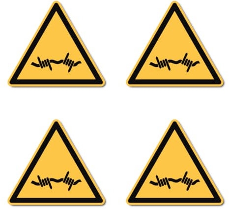 Avviso di filo spinato: W033 – DIN EN ISO 7010 / ASR A1.3 – Adesivo: Ø 7,5 cm, 4 pezzi