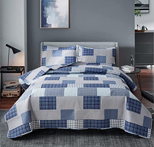 Tagesdecken-Set, Doppelbett, kariert, Steppdecke, Doppelbett, Grau, Blau, Patchwork, Morden, leicht, Tagesdecke, wendbar, weiches Polyester, 3-teiliges Bettwäscheset
