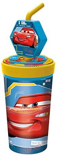p:os Cars Gobelet pour enfants avec paille intégrée, couvercle et figurine 3D, récipient de 475 ml, idéal pour les boissons froides