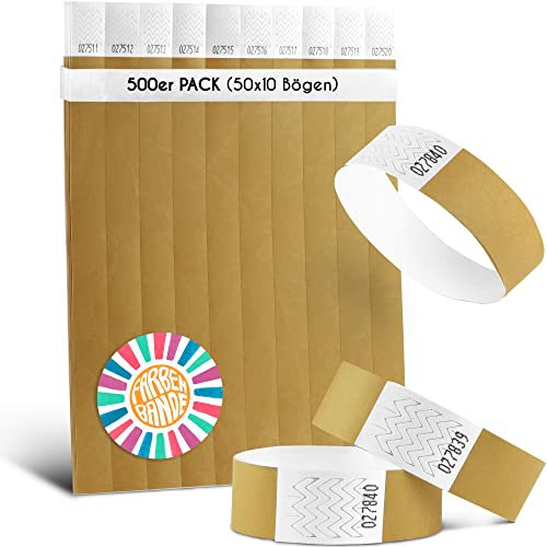 FARBEN BANDE® 500 Einlassbänder Gold/Eintrittsbänder 19mm aus Tyvek/Party Bändchen reißfest, wasserdicht und nummeriert/farbige Partybänder/Einlassbändchen für Party, Festival & Feste