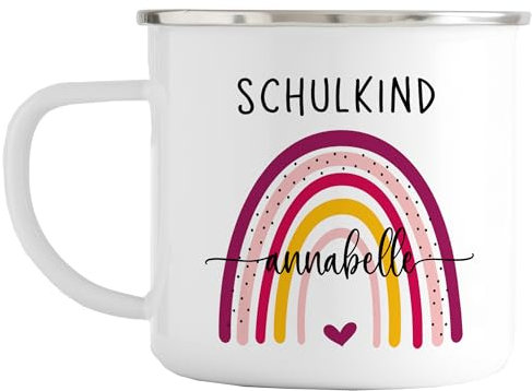 Einschulung | Emaille Tasse Regenbogen Motiv | Schule | Emaille Tasse | personalisiert | Namenstasse | Schulkind | Regenbogen (Regenbogen Pink-Bunt - Rand Silber)