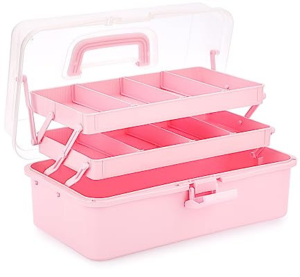 IGNPION 3 Layer Craft Stackable Storage Box 7-compartment Mulit Purpose Dividers Storage Container for Storing&Organising Toys, Arts Crafts, Stationery, Sewing, Fishing Tackle, Pink