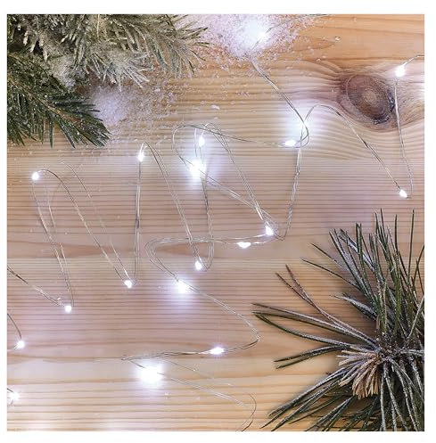 EMOS Kaltweiße LED Nano-Lichterkette 1, 9 Meter, 6 Stunden Timer-Funktion, Batteriebetrieben (2x AA), Leuchtdauer 10.000, IP20 für Innenbereich, D3AC07, Kaltweiß