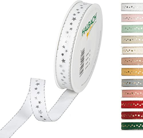 Halbach Seidenbänder 295-015-11-18 Sterne Geschenkband Weihnachten, Polyester, Weiß, 1.5 cm