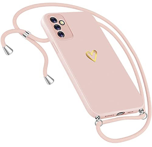 Handykette Hülle für Samsung Galaxy A14 Hülle Necklace, Herz Motiv Muster Handyhülle Samsung Galaxy A14 Hülle mit Band Kordel zum Umhänge Band Ultradünn Hülle für Samsung A14 5G Handykette (Rosa)