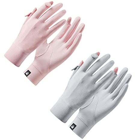 Andiker 2 Pairs UV Sun Protection Gloves Women, Summer Ice Silk Sunblock UPF50+ Full Finger Non-Slip Anti UV Gloves for Driving Riding Fishing