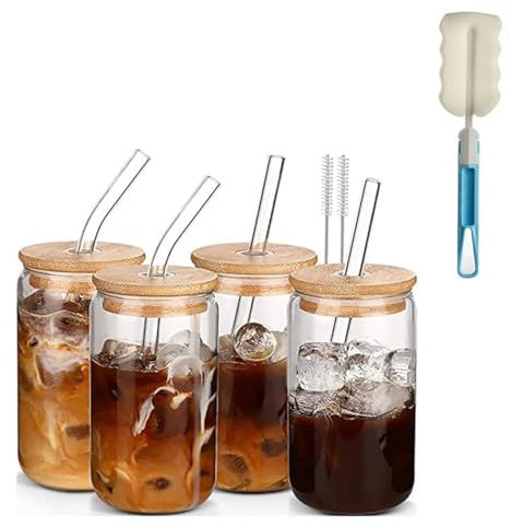 17OZ Glass Cups with Bamboo Lids and Glass Straw, Reusable Can Shaped Drinking Glasses with Lids and Straws & Brush,Wide Mouth Mason Jar Glass Cups for Smoothies, Tea, Cola, Juice, Soda (4 Pack)